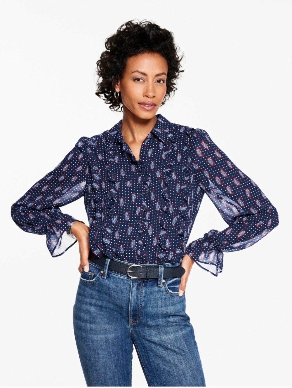 Talbot's Ruffle Neck Top - Ditsy Paisley, size large